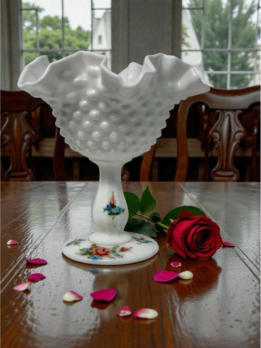Vintage Fenton Hobnail Milk Glass Compote Hand Painted Signed Roses